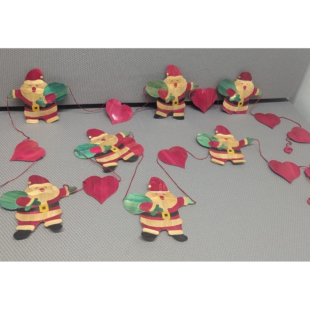 VTG Handmade Straw Christmas Garland Santa Claus & Hearts Folk Art Decor 115.5"